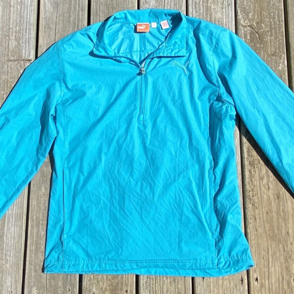 Puma Womens Medium Size Wind Cell Quarter Zip Top Blue Green Zip Pockets RUNNING